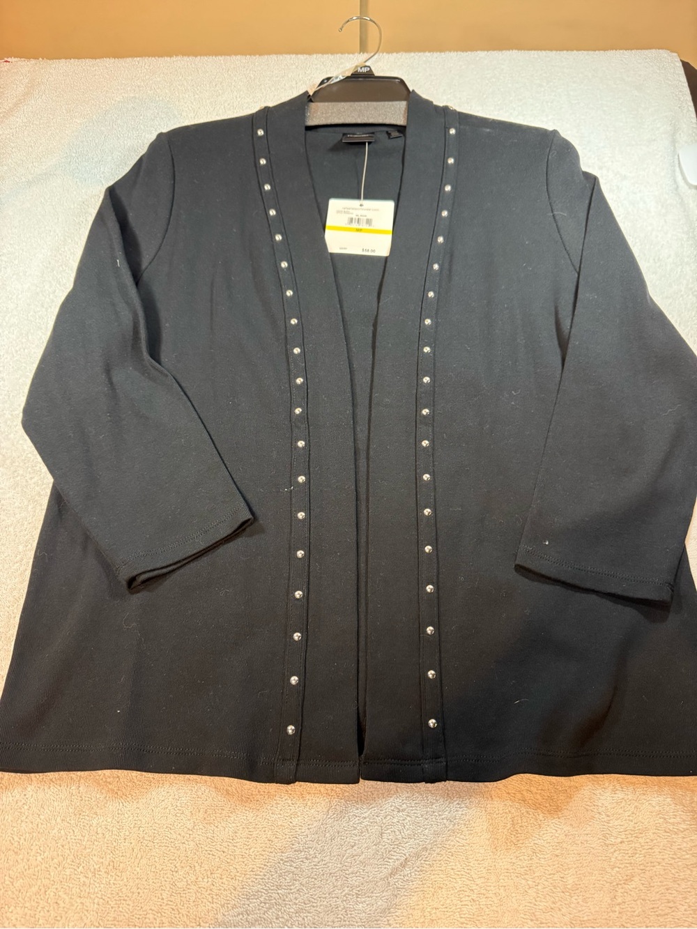 Women’s Rafaella Black Open-Front Cardigan with Stud Trim. Size Petite Medium